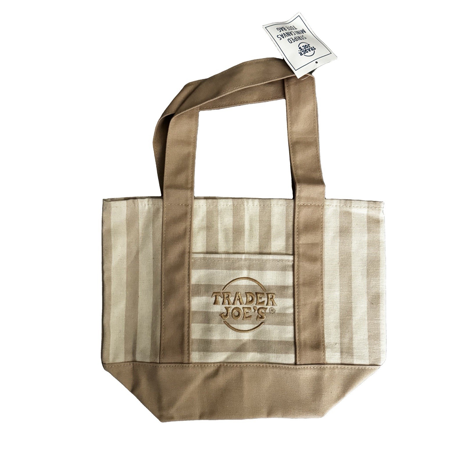 Trader Joe’s Mini Canvas Reusable Tote Bag Tan Beige Pastel Stripe Ltd Edition