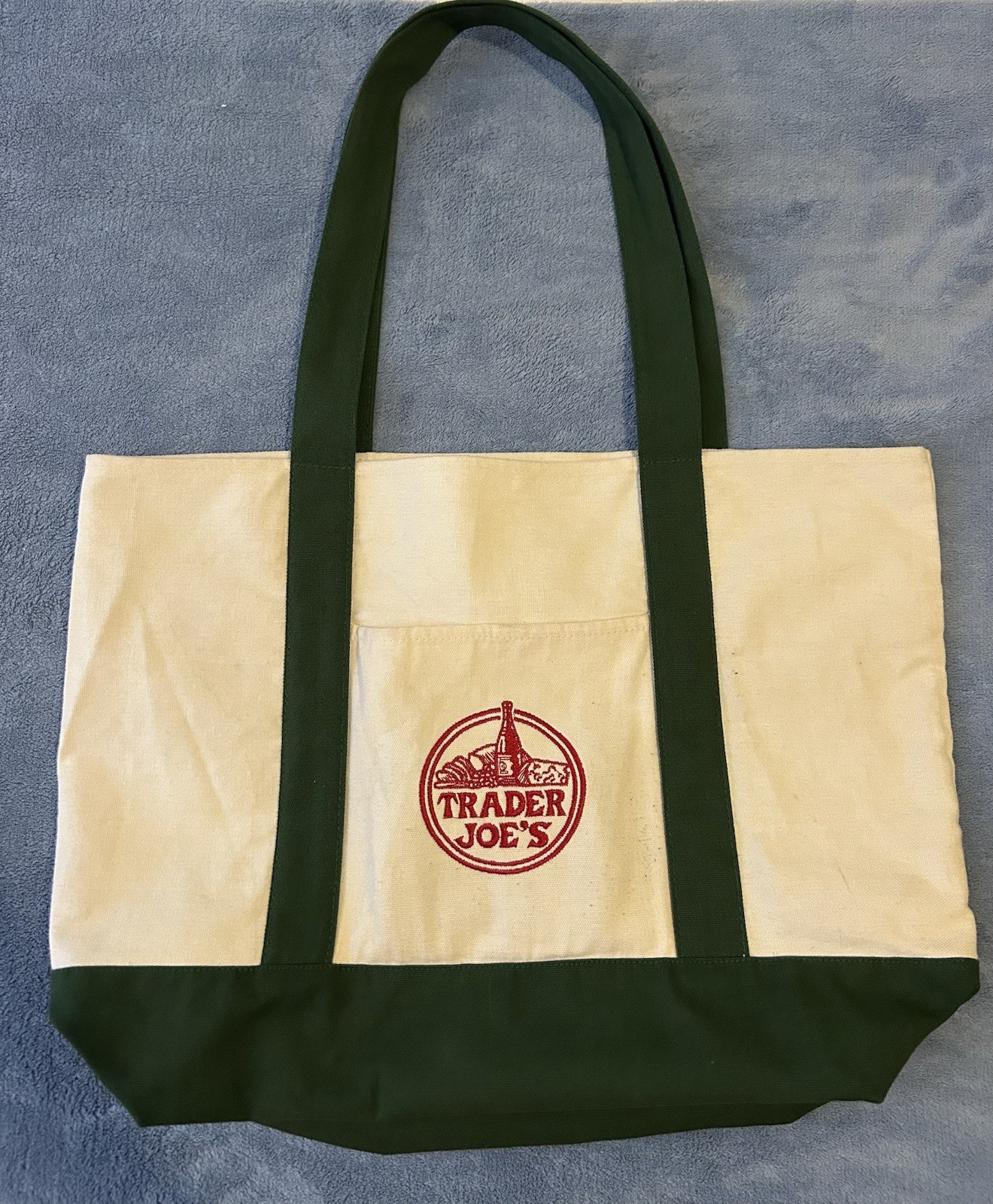 Trader Joe’s Medium Canvas Tote Reusable Shopping Bag Logo Green/White/Red