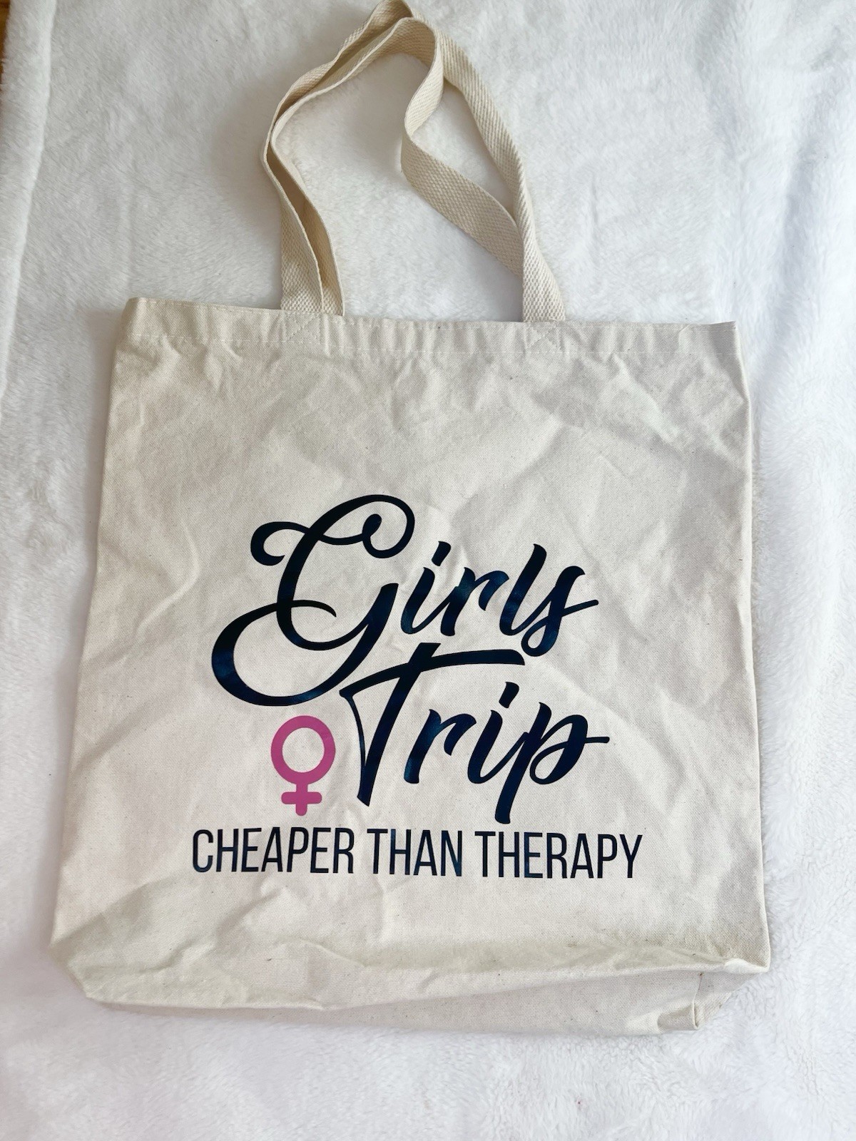 Canvas Foldable Tote Bag Beige Text Pattern Girls Trip Cheaper Than Therapy