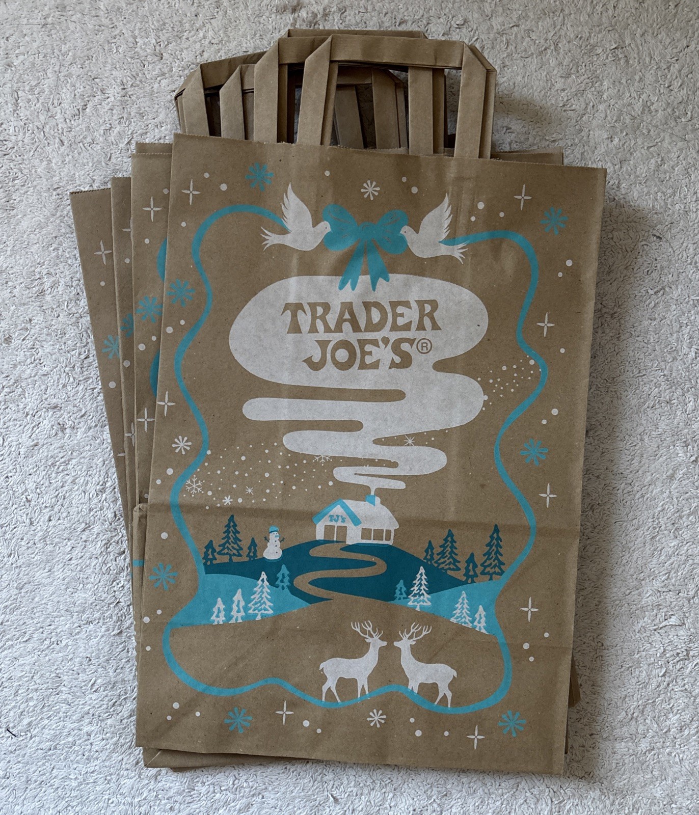 Lot of 6 Trader Joe’s Holiday Snowy Brown Paper Bags Reusable Grocery Crafts
