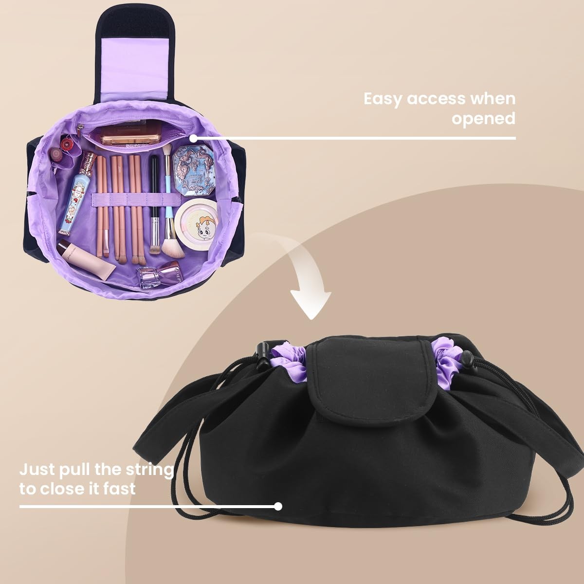 Lay Flat Drawstring Makeup Bag,Travel Cosmetic Organizer for Purple