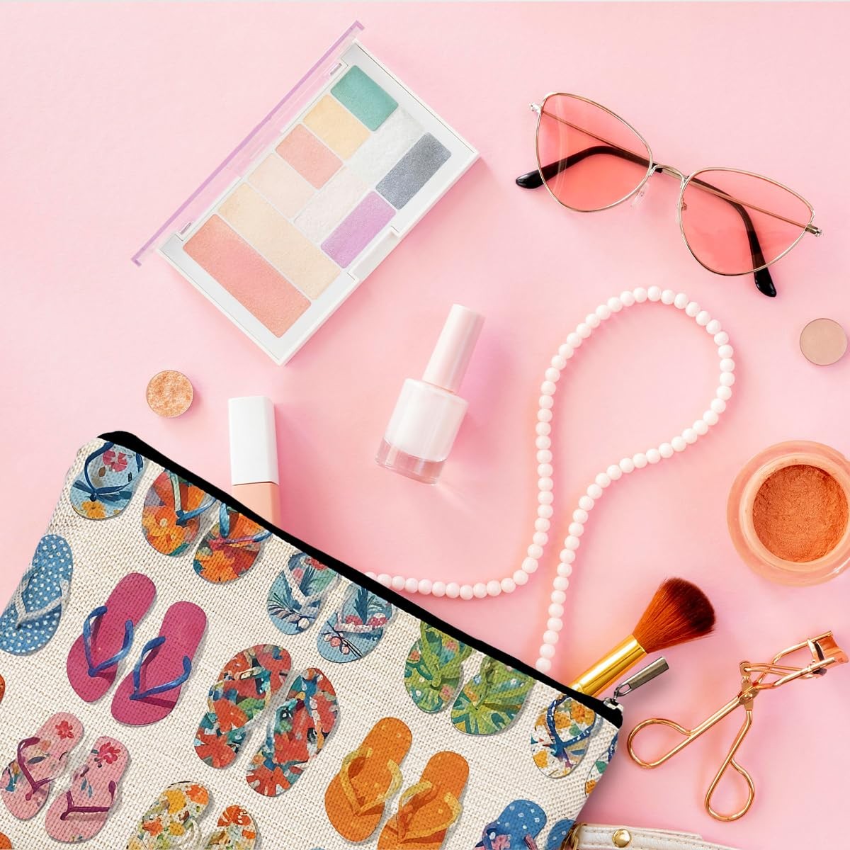 QGFM Multicolor Cartoon Beach-themed Makeup Bag, Cosmetic Case for