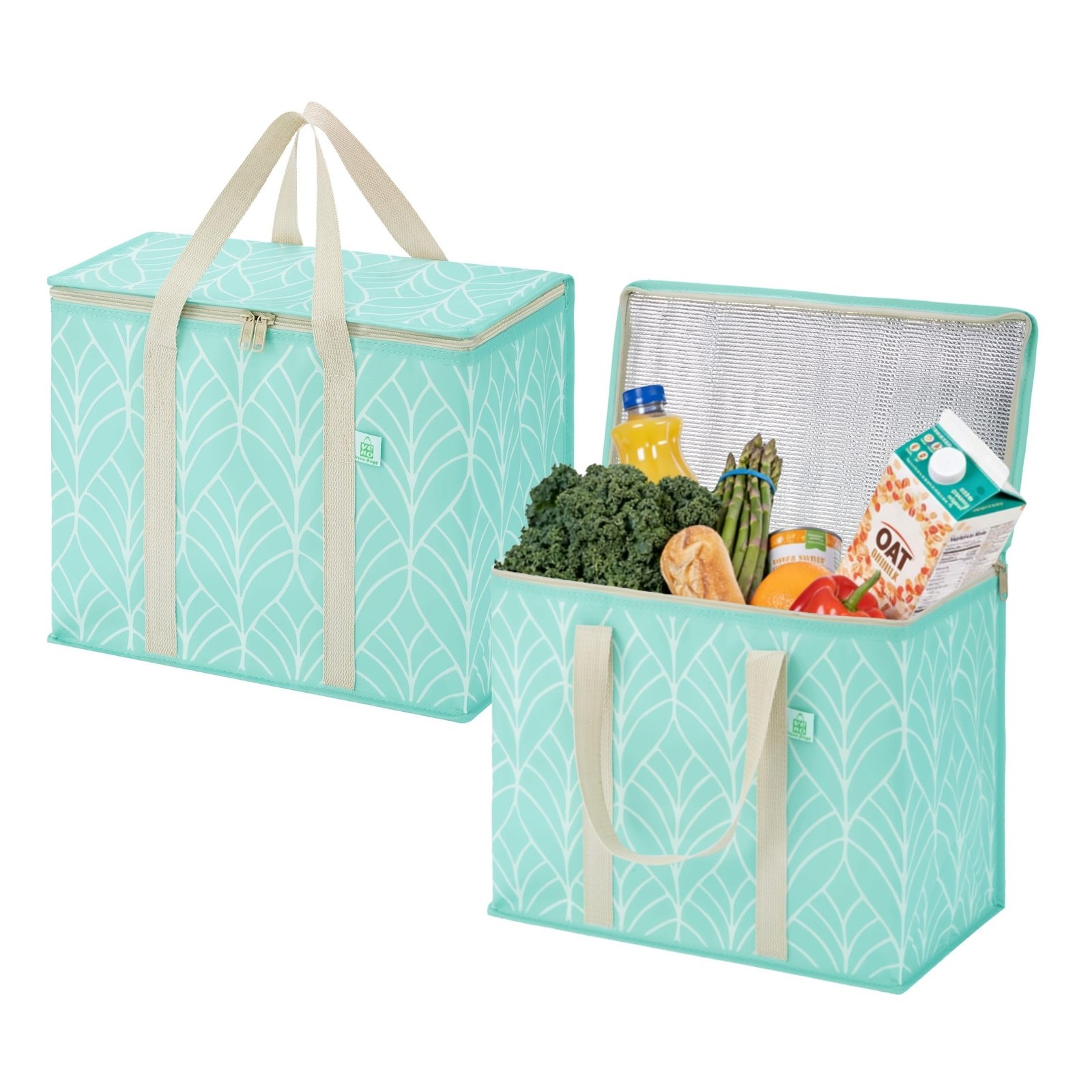 2 Pack Insulated Cooler Bag Reusable Grocery Shopping For Food Delivery Green