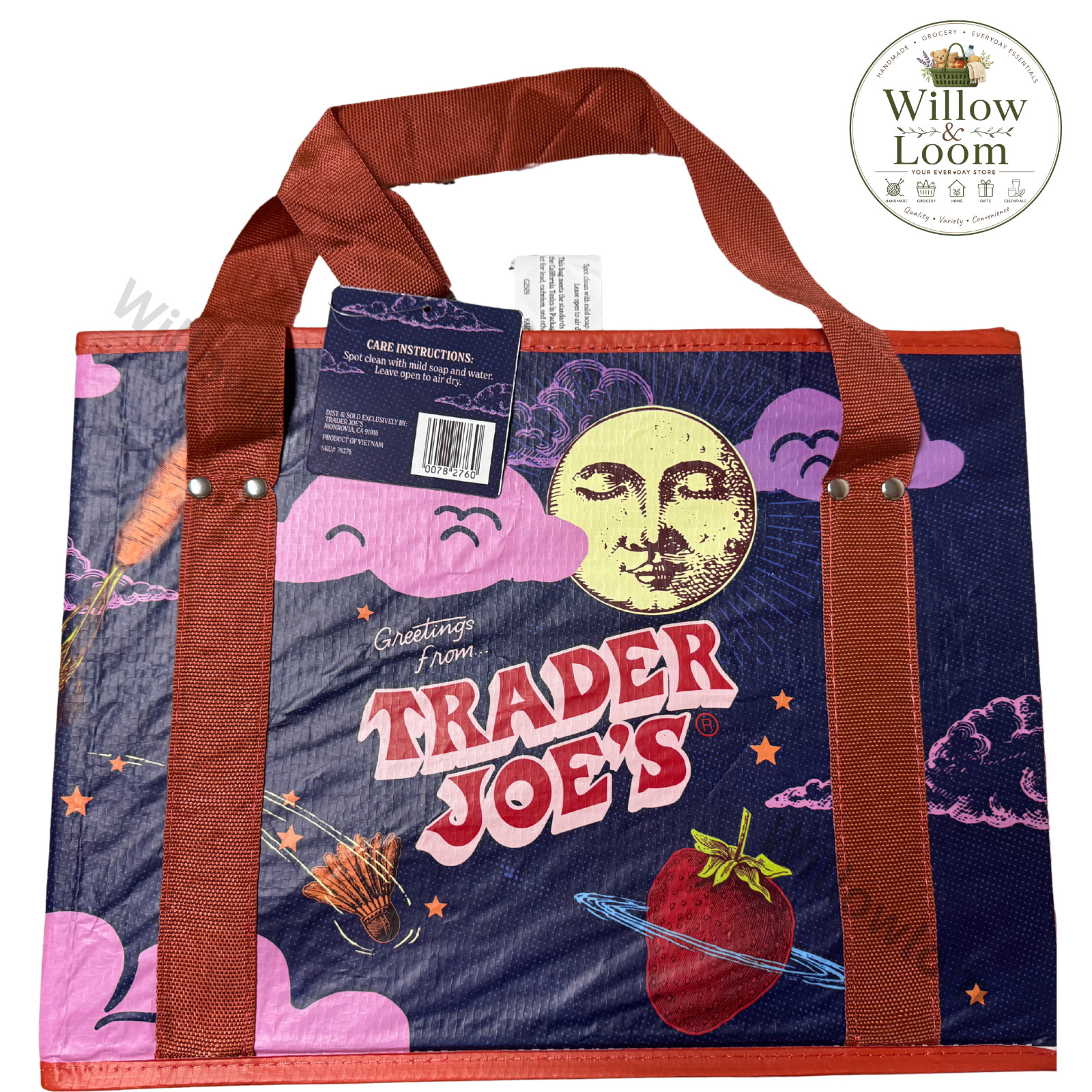 Trader Joe’s Stand-Up Collapsible Grocery Tote Bag Navy Moon Greetings 6 Gallons