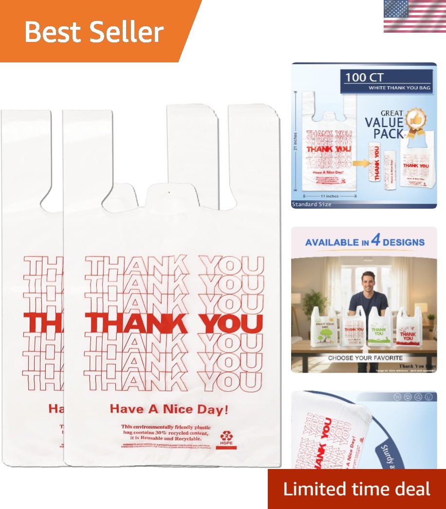 100 Sturdy White Thank You T-Shirt Bags for Grocery & Retail Use – Versatile