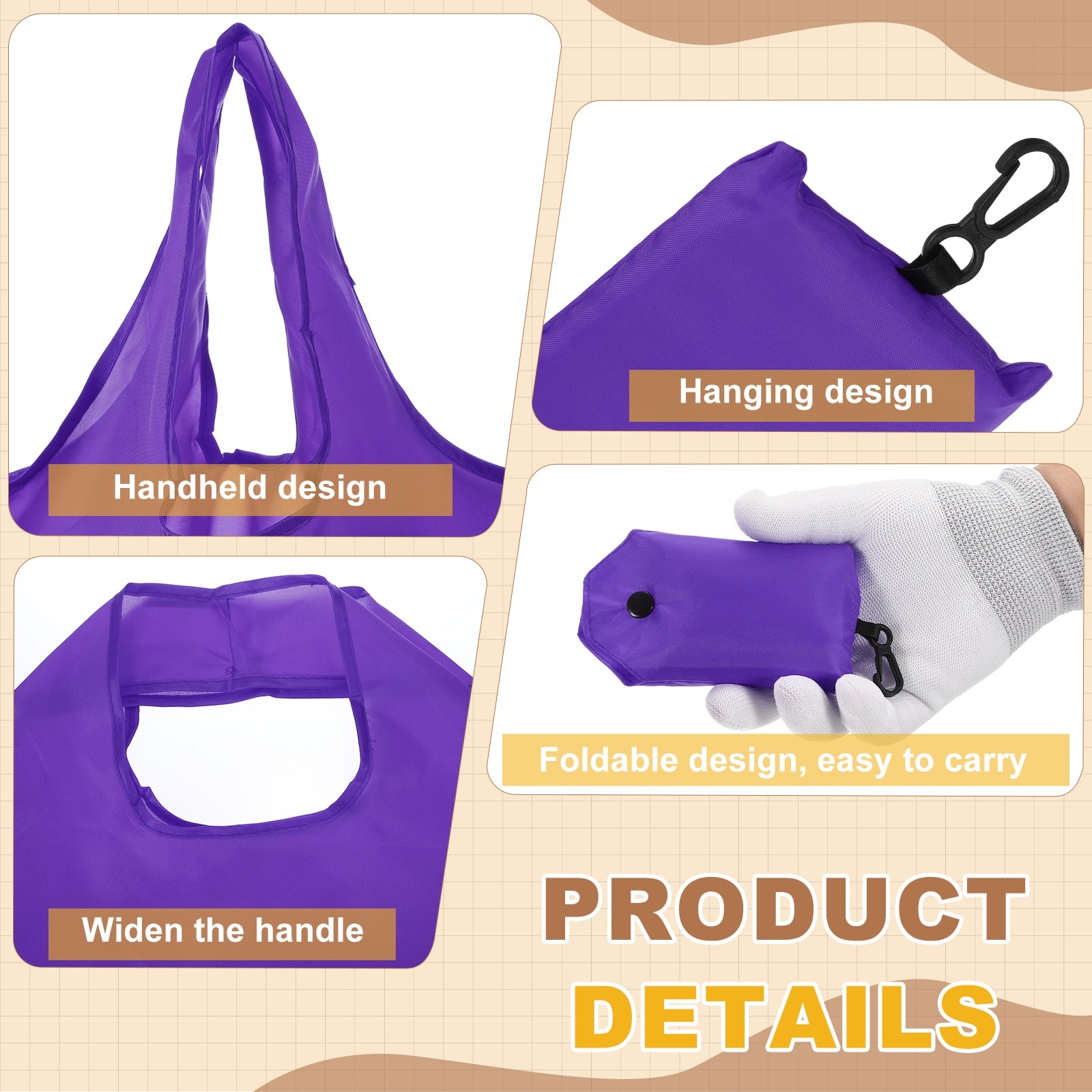 4 Pack Foldable Travel Bag with Handles Washable Shopping Tote Pouch Purple