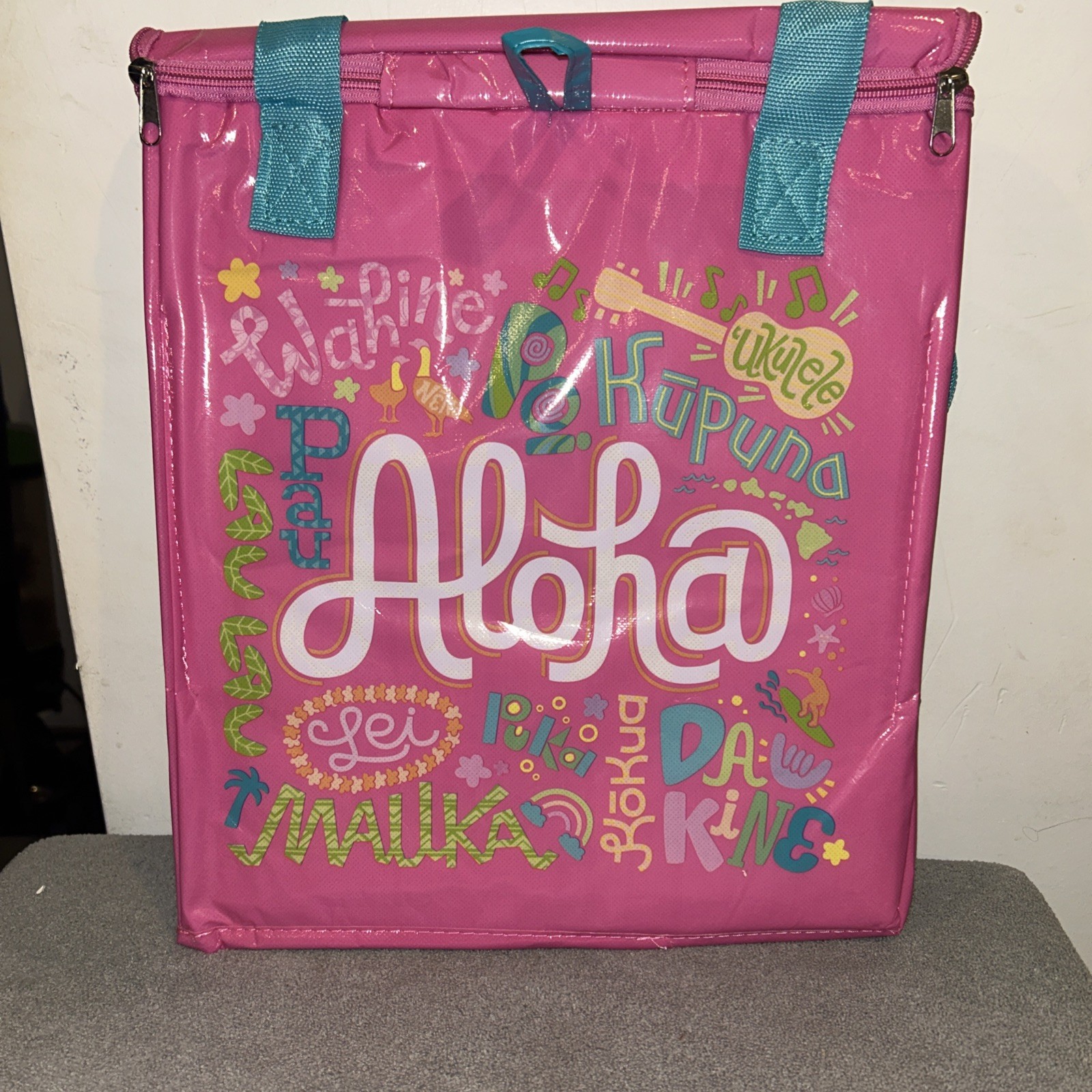 Hawaii Foodland Insulated Reusable Grocery Tote Bag, Pink “Aloha” 13”x12”x8.5”