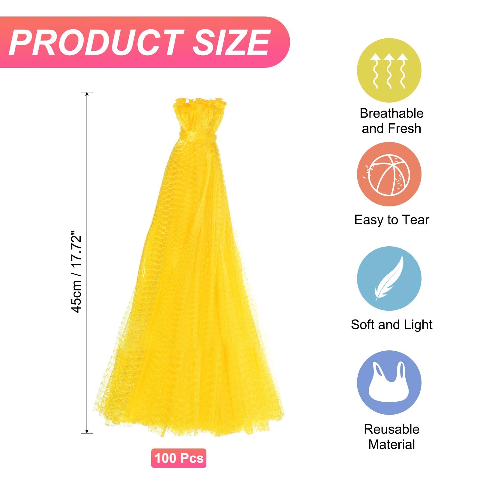 100Pcs Reusable Mesh Produce Bags, 17.7 Inches Hatching Bags, Yellow