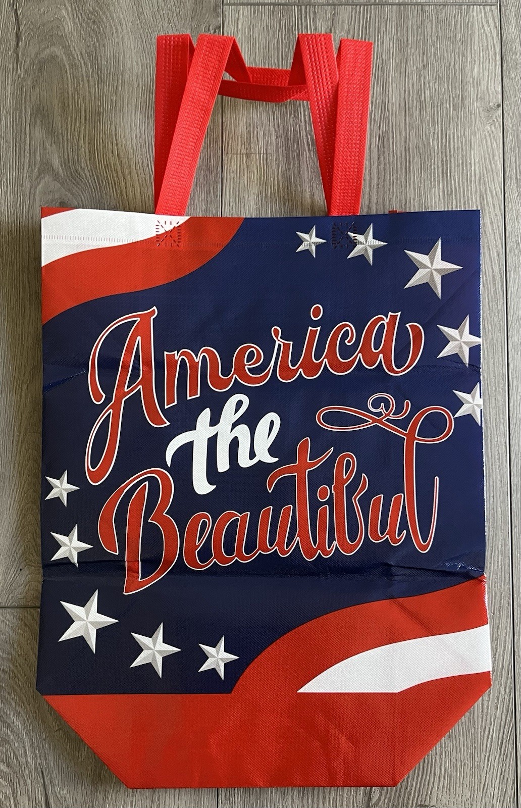 New Red White & Blue “America The Beautiful” Reusable Tote Bag 15” X 13-3/4”