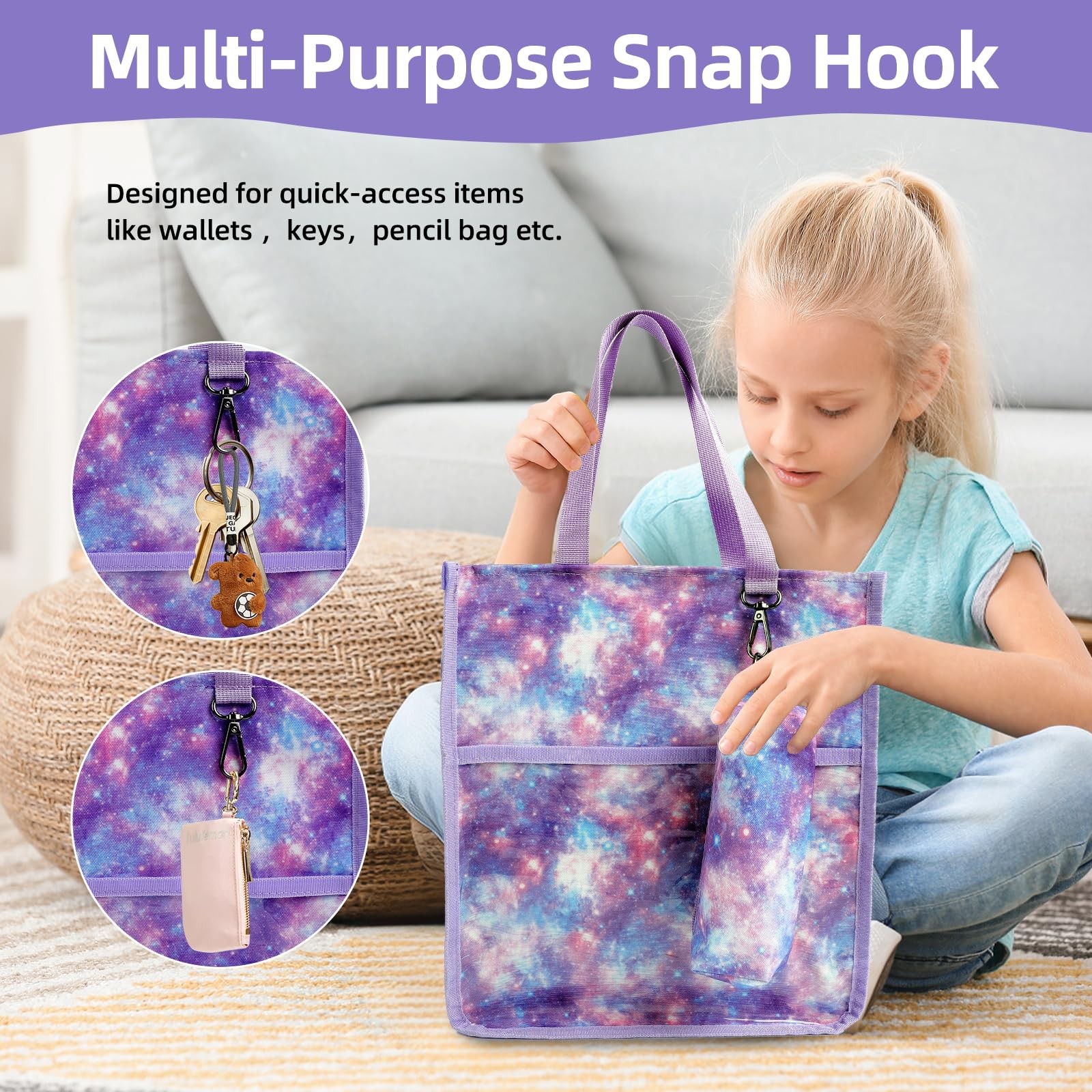 Girls Classic Tote Bag,Lightweight ，Durable with Hook for School Library Pait…