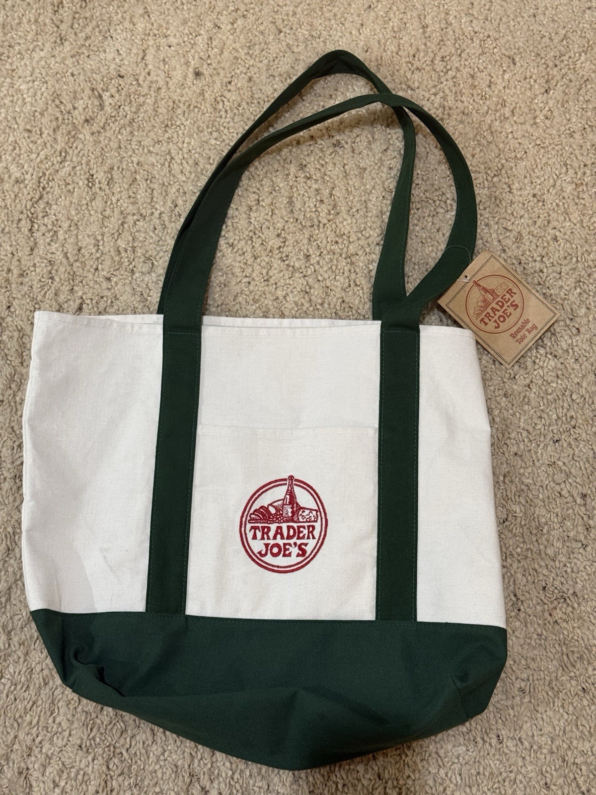 Trader Joes Largest 22 X 14 Reusable Canvas Eco Tote Heavy Duty Bag Green White