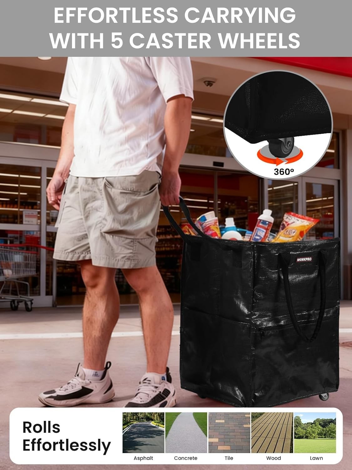 WORKPRO Large Rolling Grocery Bag 36-Gallon Tote with 5 Wheels Extra Storage