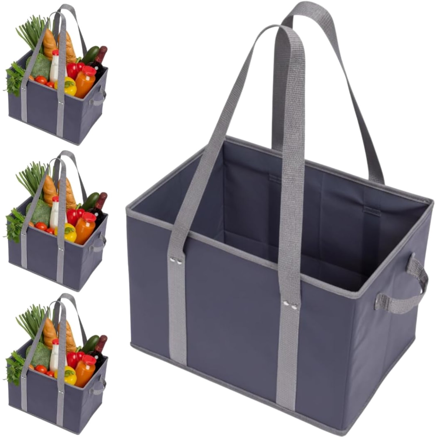 4pk Heavy Duty Reusable Grocery Bags – 60 lbs, Sturdy, Foldable Tote – Navy/Gray