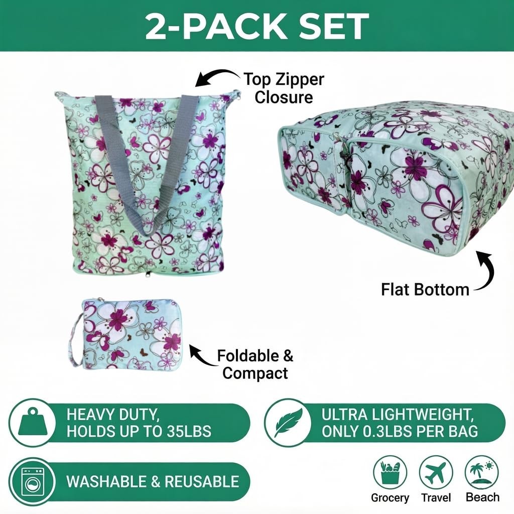 Reusable Kitchen Grocery Bags with Zipper Closure Foldable Shopping Tote Bag Set