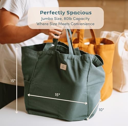 Heavy Duty Reusable Grocery Bags 3-Pack – Large Cotton Canvas Totes with Pockets
