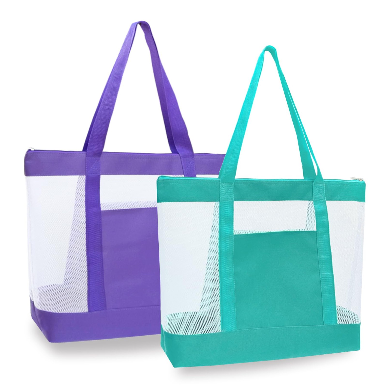 2 PCS Lightweight Mesh Tote Beach Bags Zipper Pocket Travel For Groceries