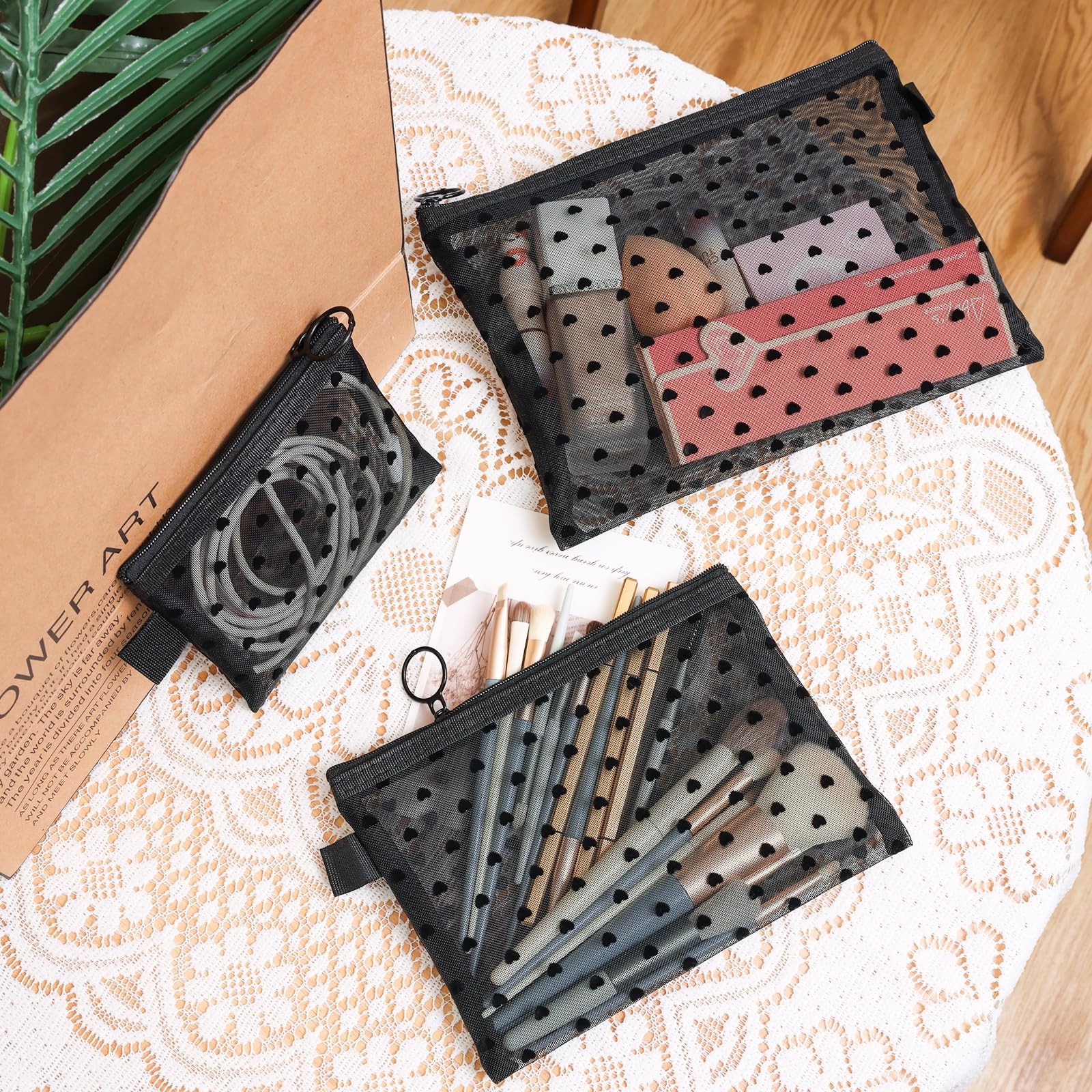 Ymcafmo 6-Piece Heart Printed Mesh Makeup Bag Set – Small Pouches for Black