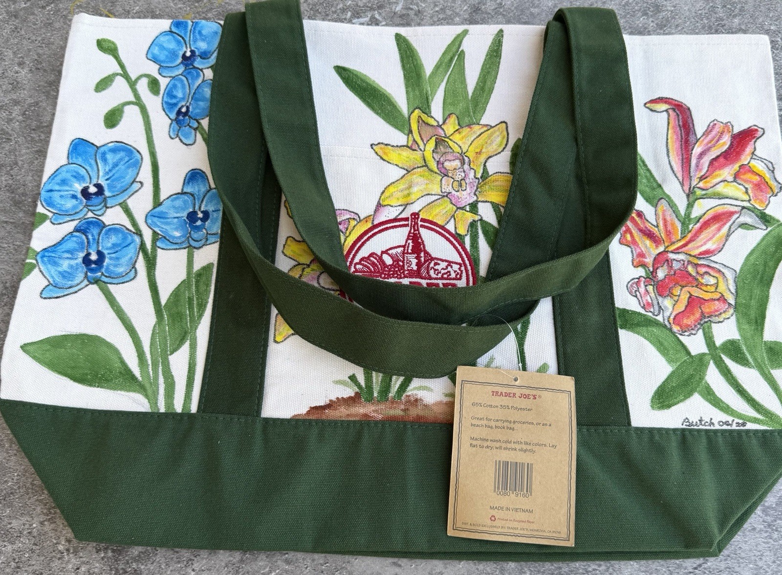 Trader Joe’s Floral Large Green Canvas Tote Bag, New With Tags
