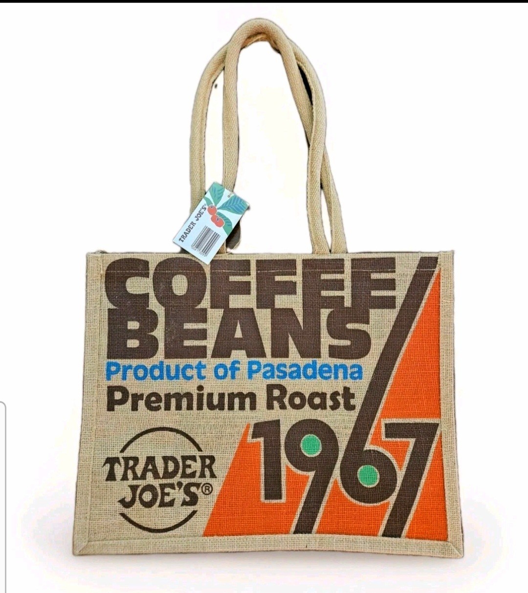 TRADER JOE’S COFFEE BEANS Pasadena Burlap Jute Tote Reusable Shopping Bag NEW