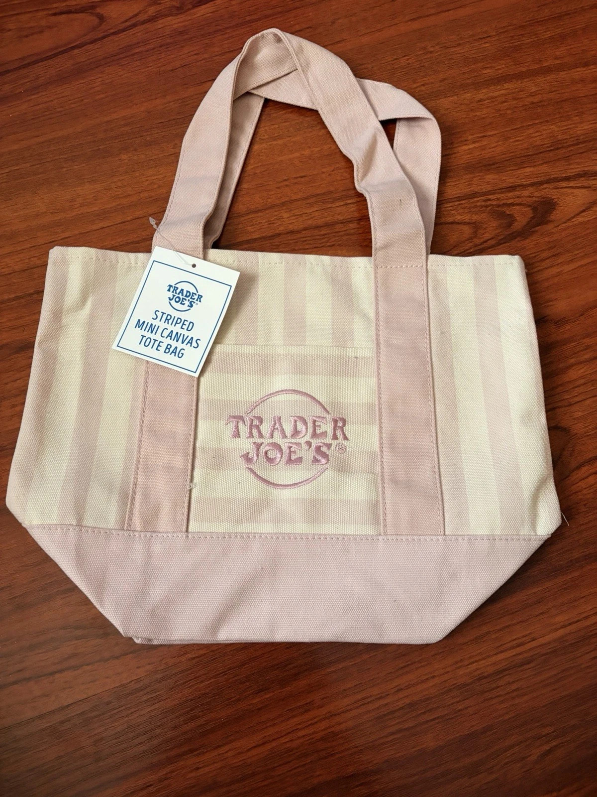 NEW Trader Joe’s Striped Mini Canvas Tote Bag Reusable Pink/White Stripe