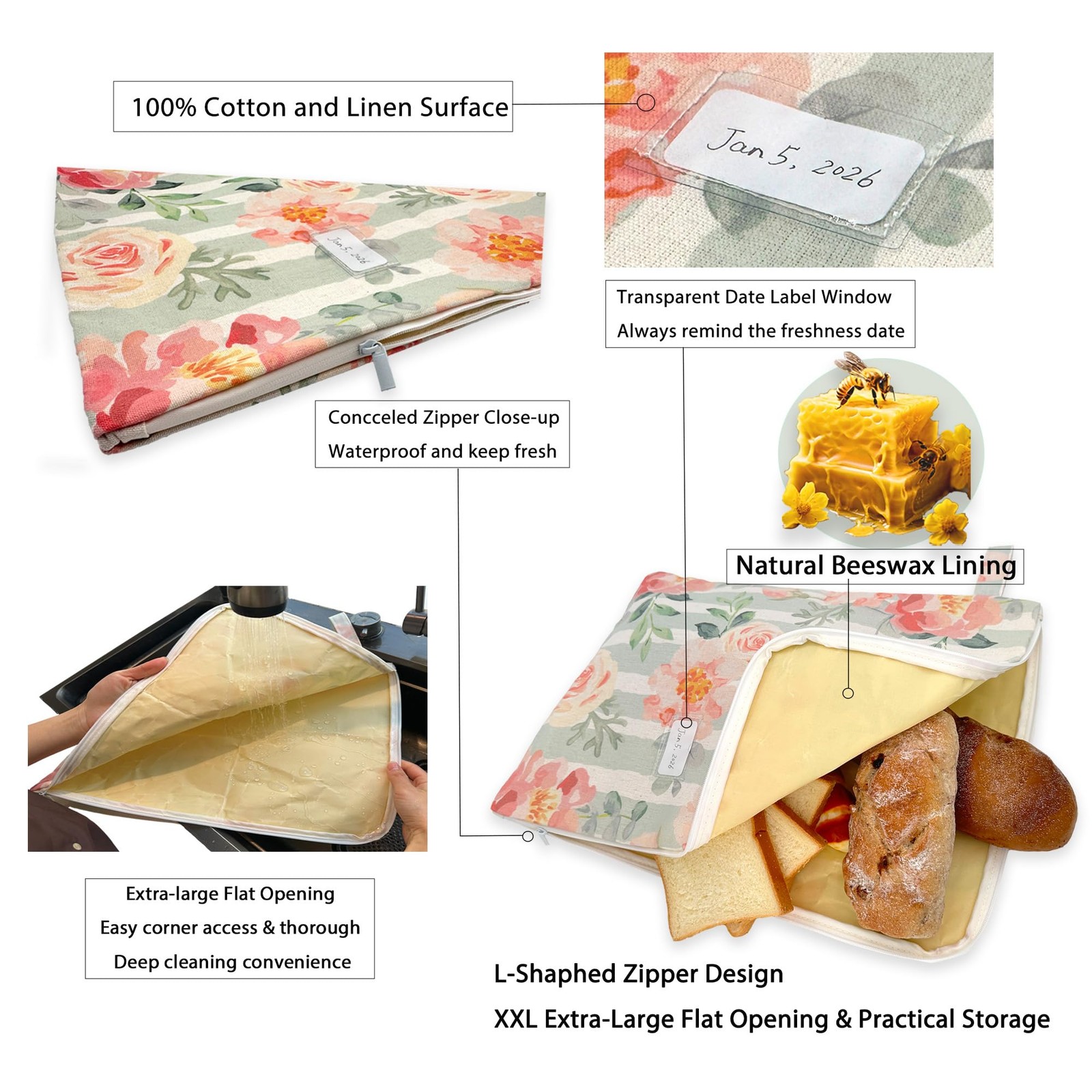 Meruya Reusable Beeswax Bread Bags for Sourdough – XXL Large XX-Large, beige