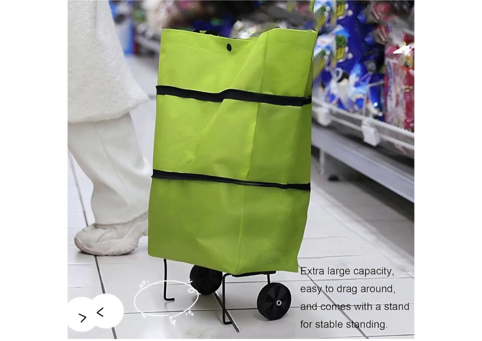 Green Reusable Shopping Bag with Wheels, Stand, Foldable, 20x16x5 in