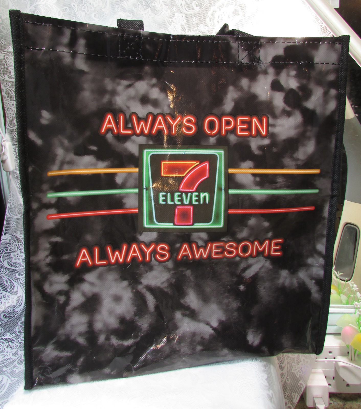 Neon ALWAYS OPEN 7-ELEVEN ALWAYS AWESOME Reusable Nylon TOTE BAG 13″ x 12″ x 8″