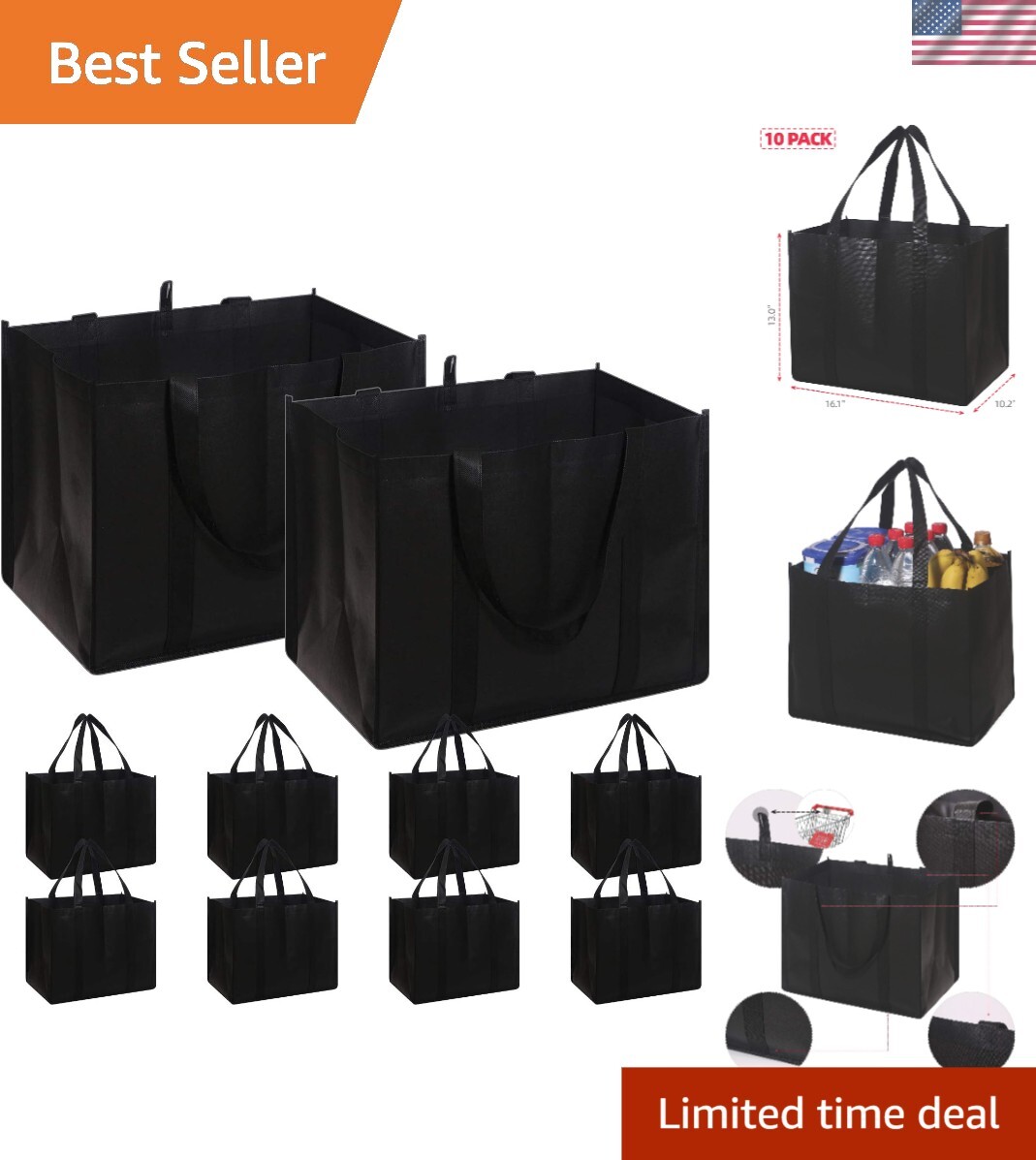 Set of 10 Extra Large Reusable Grocery Bags – Durable Foldable Shopping Totes