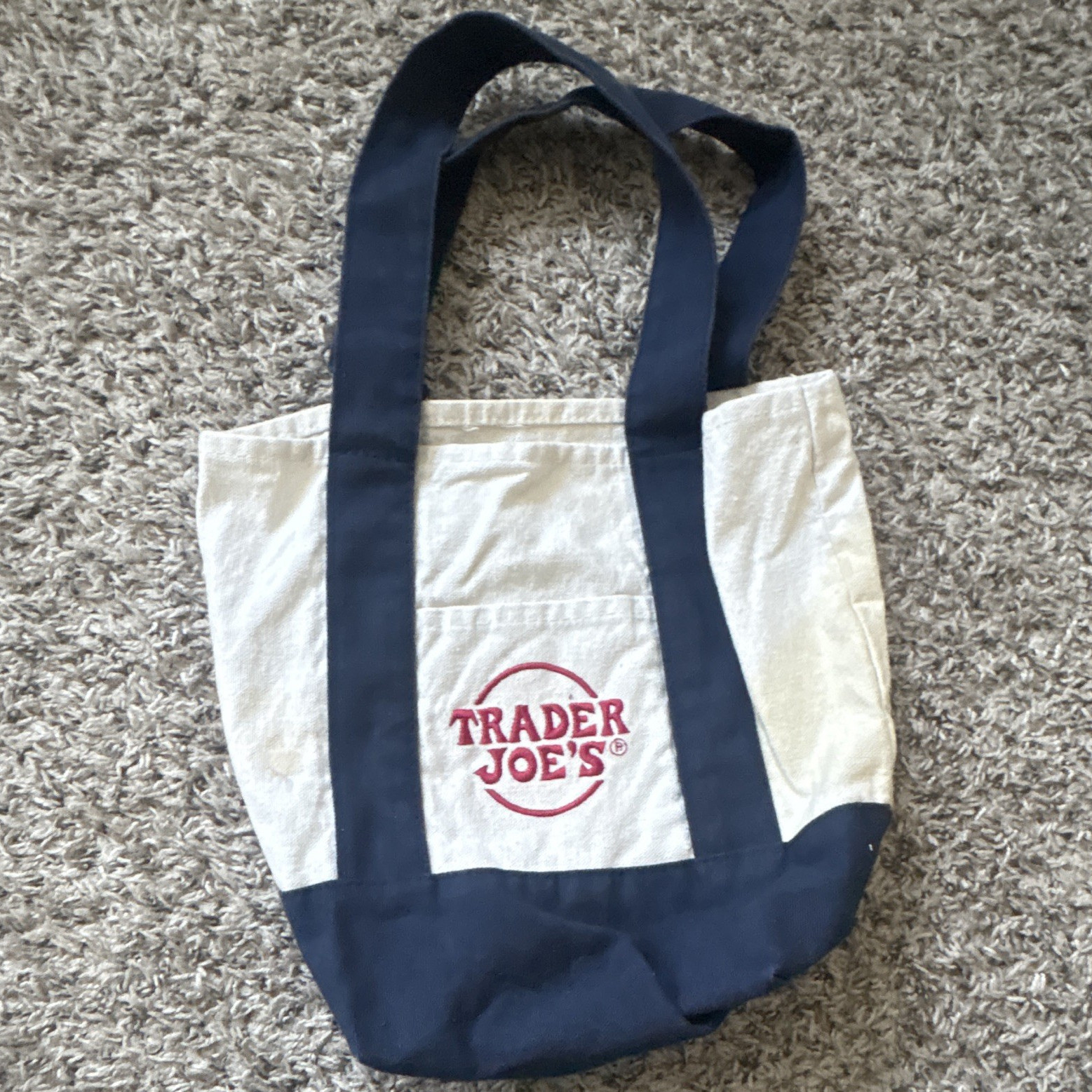 Trader Joe’s Canvas Tote Reusable Shopping Bag Beige/Blue Logo
