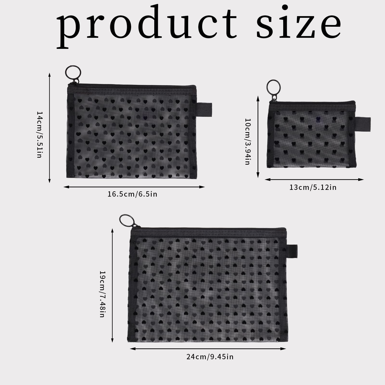 Ymcafmo 6-Piece Heart Printed Mesh Makeup Bag Set – Small Pouches for Black
