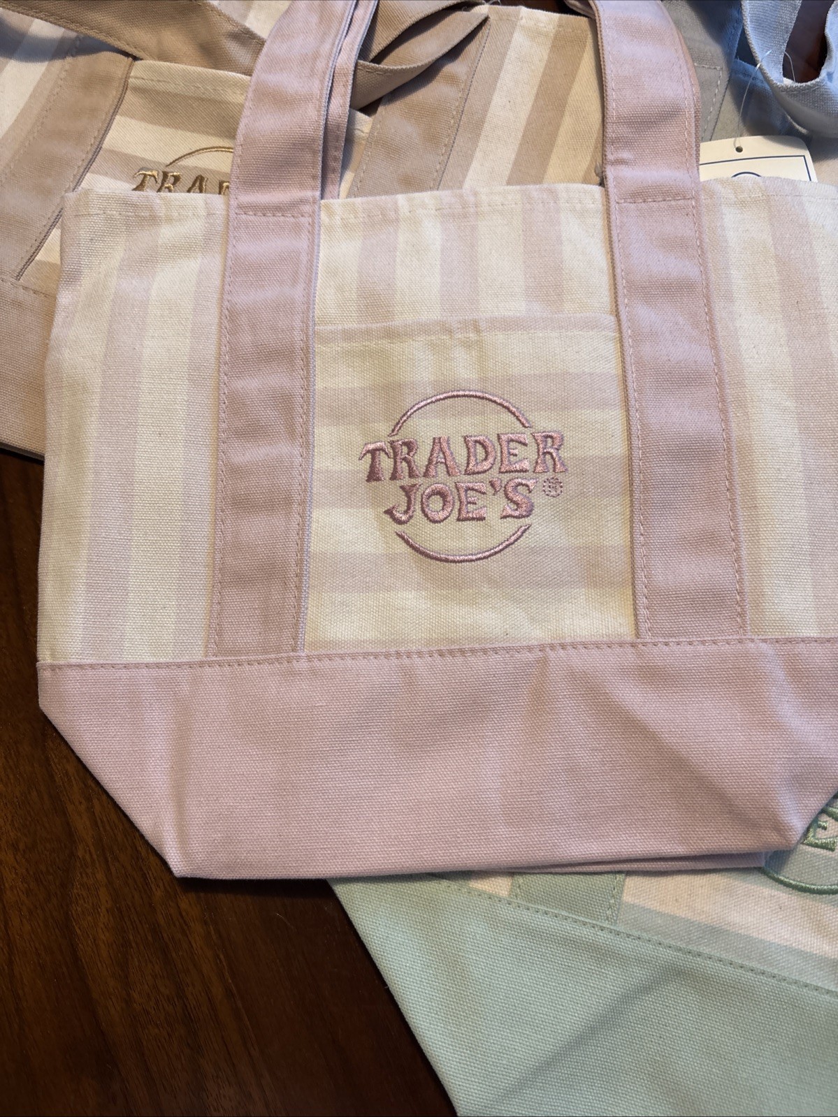 TRADER JOE’S MINI PASTEL STRIPE CANVAS TOTE BAGS SET Of 4 PINK BLUE GREEN BEIGE