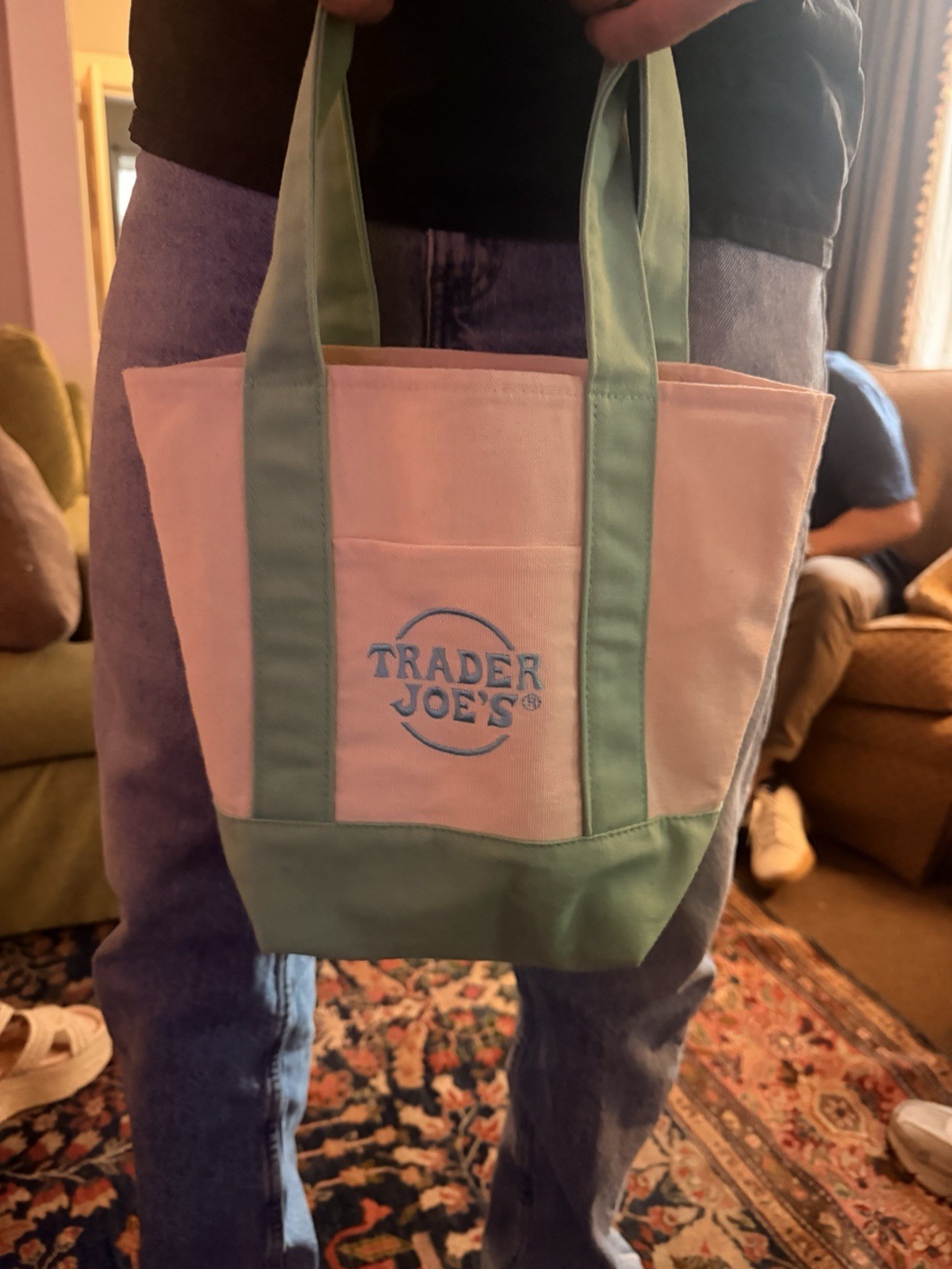 Trader Joe’s Reusable Shopping Tote Bag Pink & Green Small 11 x 13 x 10 in