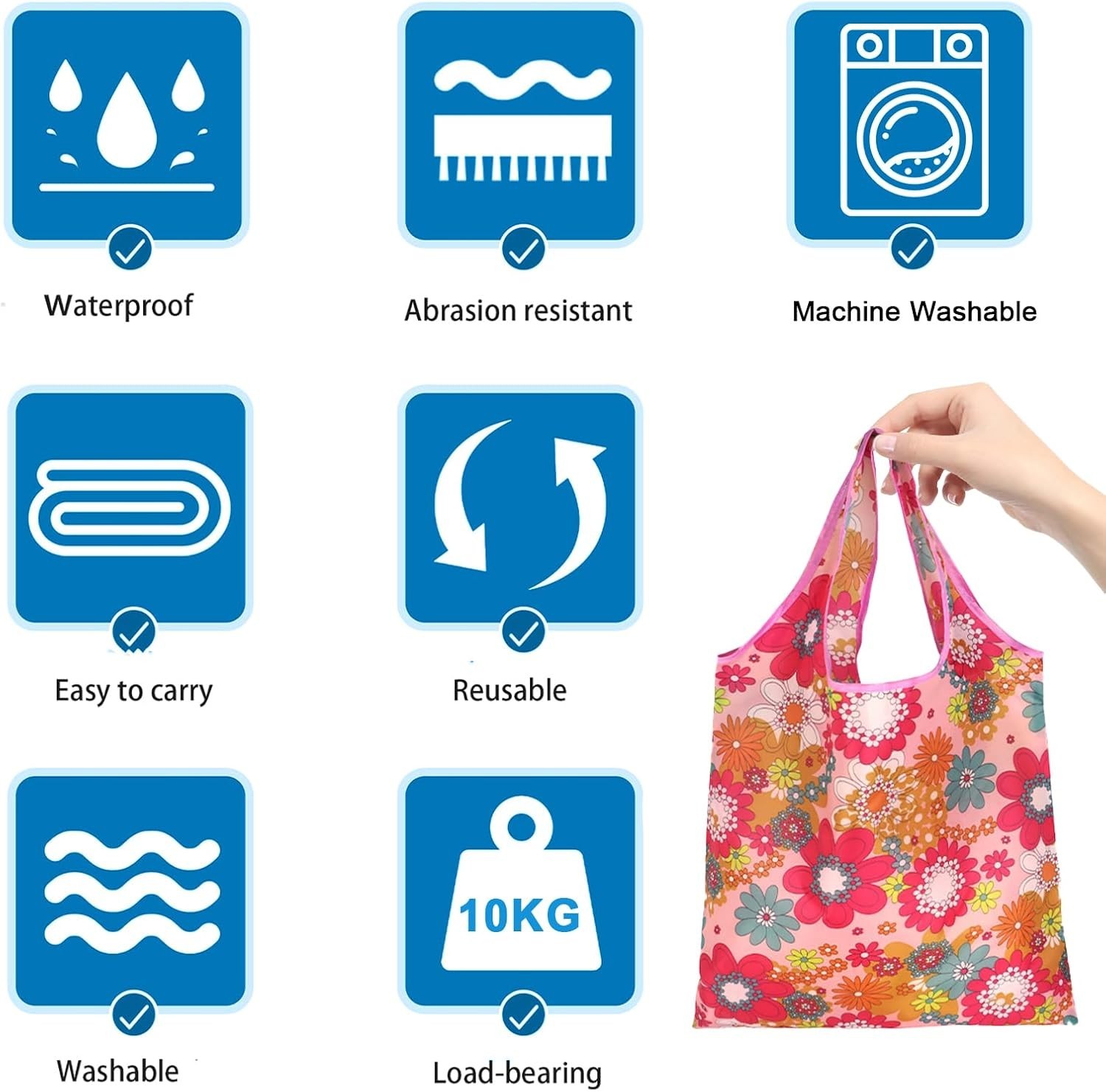 Reusable Shopping Bags Foldable Eco-Friendly Waterproof Tote 6 Pack