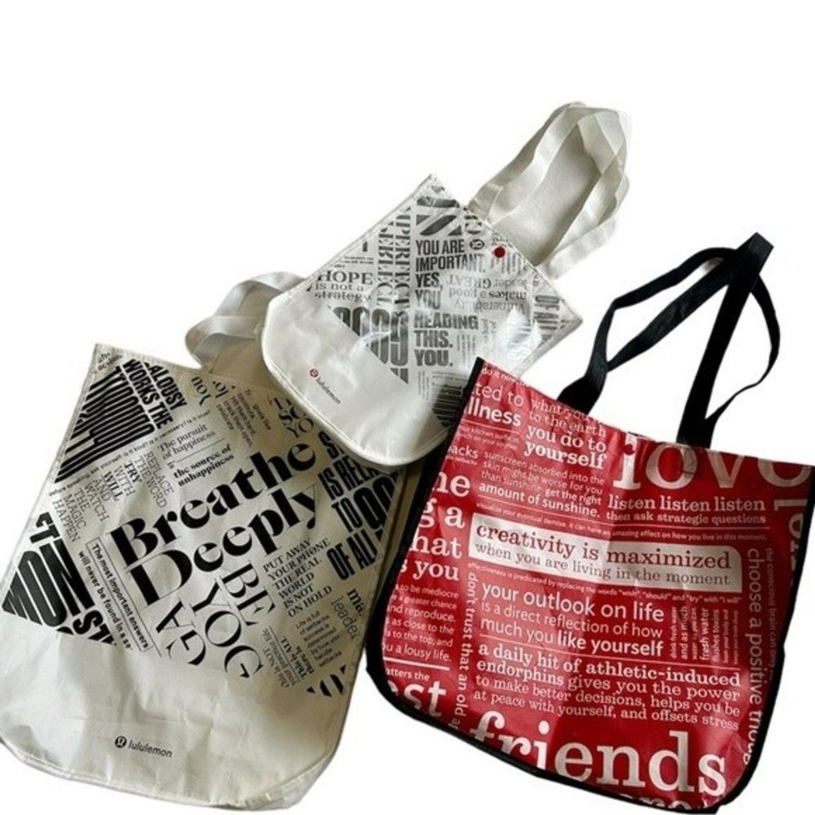 3 Lululemon reusable shopping bags tote bags gift bags 3 sizes w/ strap handles