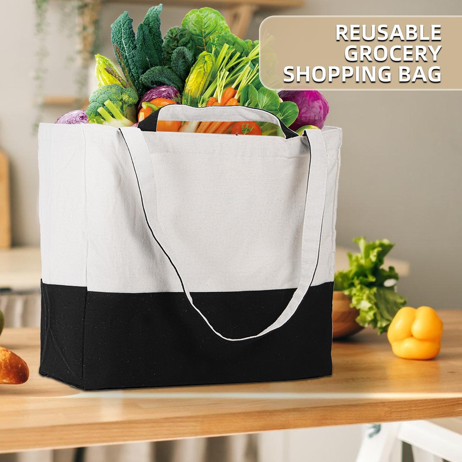 LINICE Canvas Tote Bag Reusable Grocery Bags with Long Shoulder Strap and Sho…