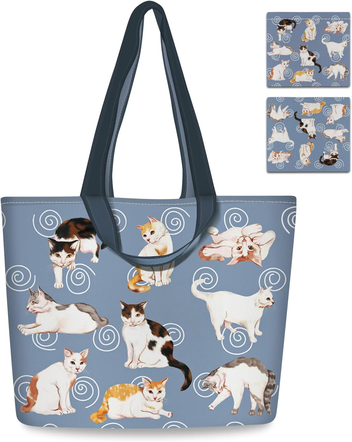 2 Pack Reusable Grocery Bags Polyester Cute Cat Shopping Bag with Handles Foldab