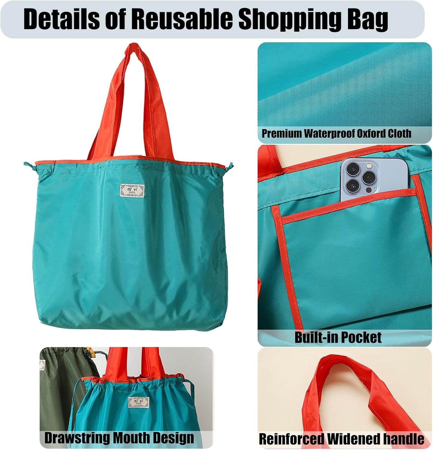 4 PC Foldable Reusable Shopping Bag 210D Nylon Waterproof Travel Grocery Tote W/
