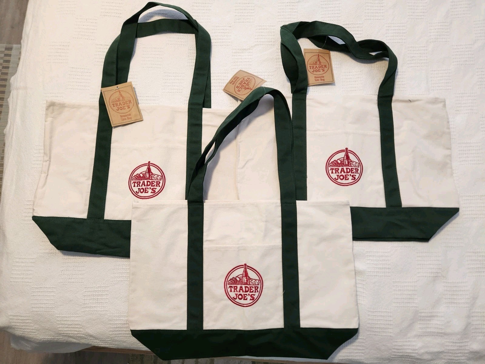 NWT Lot of 3 Trader Joe’s Large Canvas Tote Bag AUTHENTIC Green White Reusable