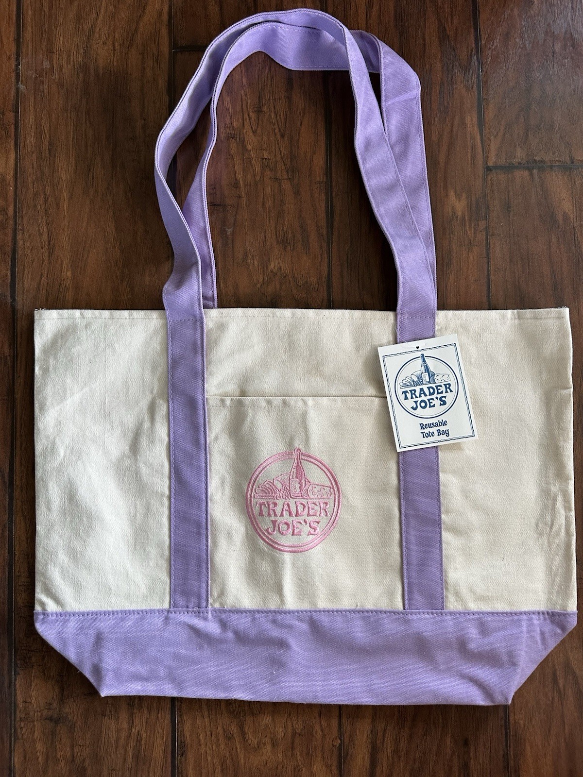 Trader Joe’s Foldable Canvas Reusable Shopping Bag Purple Beige Color Block