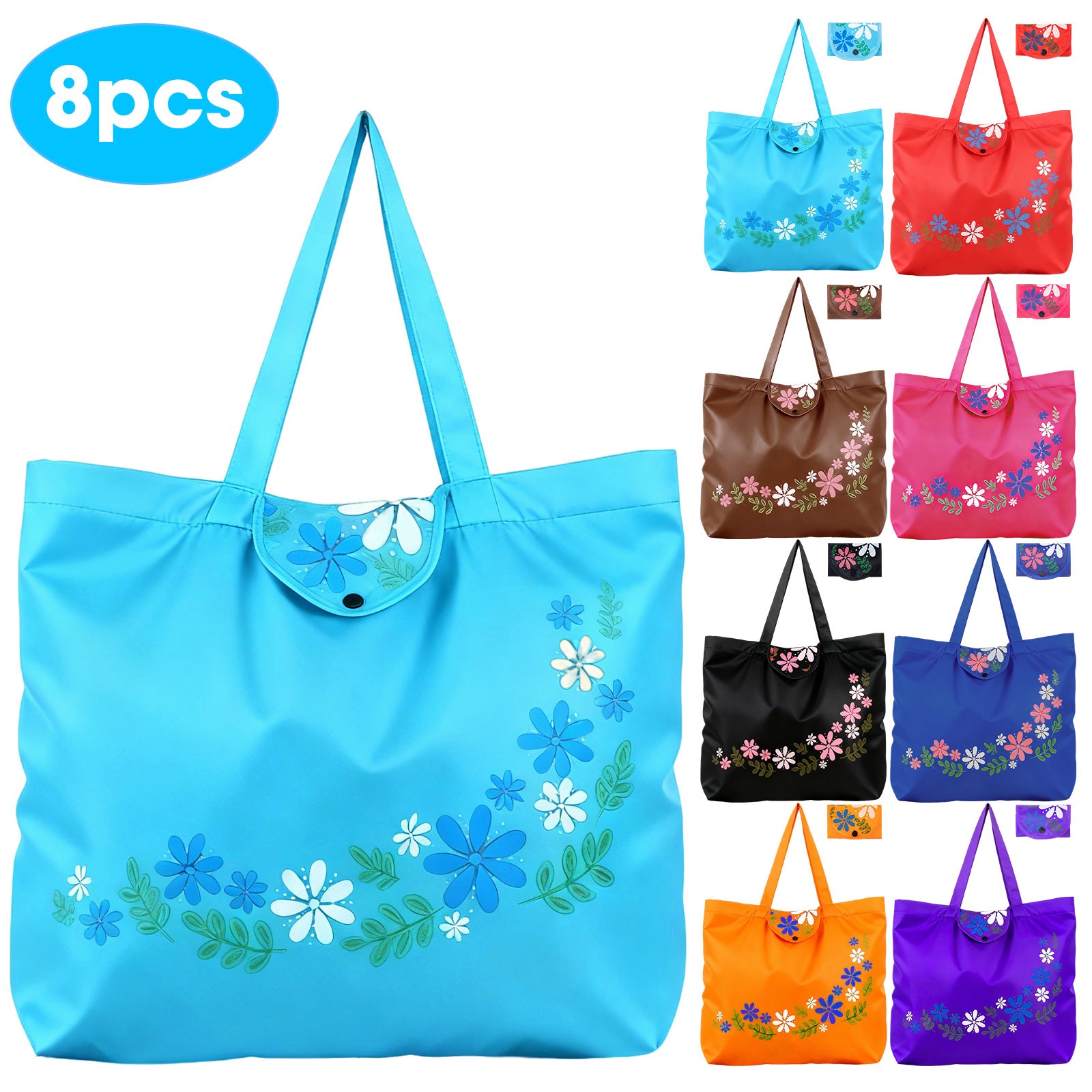 8PCS Foldable Reusable Shopping Bags Large Floral Grocery Totes with Snap Button