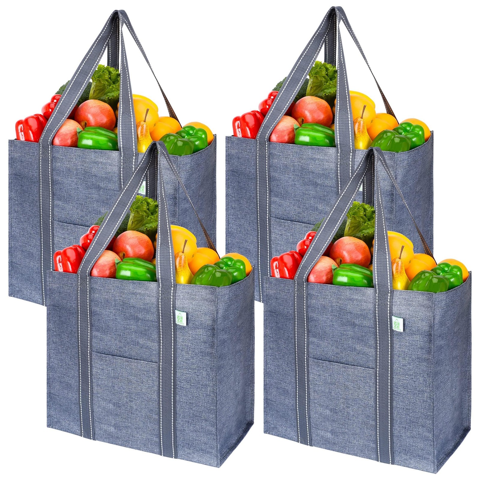 4 Pack Gray HeavyDuty Reusable Grocery Bags Hard Bottom Stand Upright