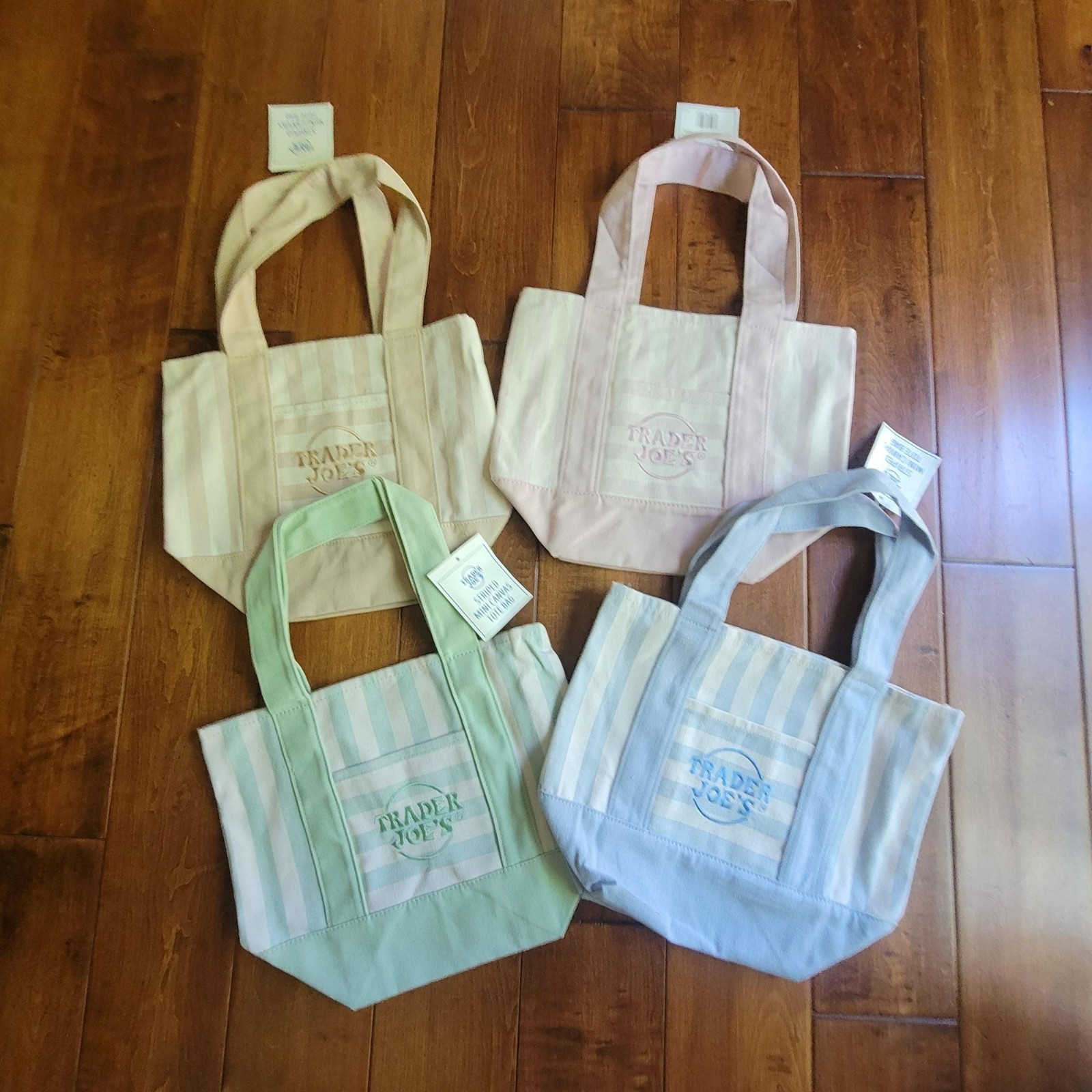 Trader Joe’s Striped Canvas Mini Totes Set Of 4 Pale Pink, Sky Blue, Seafoam Gre