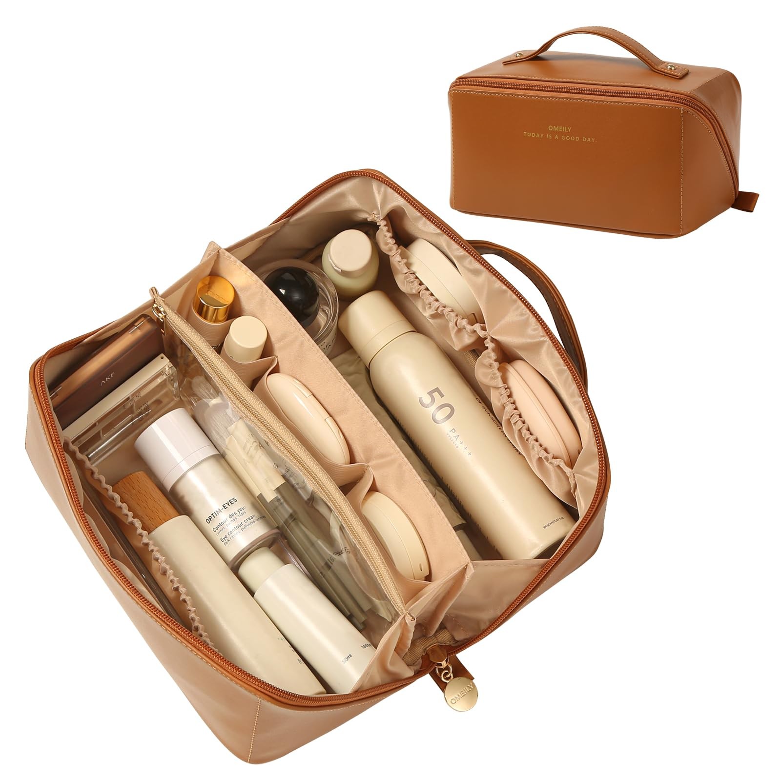 Omeily Travel Makeup Bag Toiletry for Women Large Cosmetic C-Brown