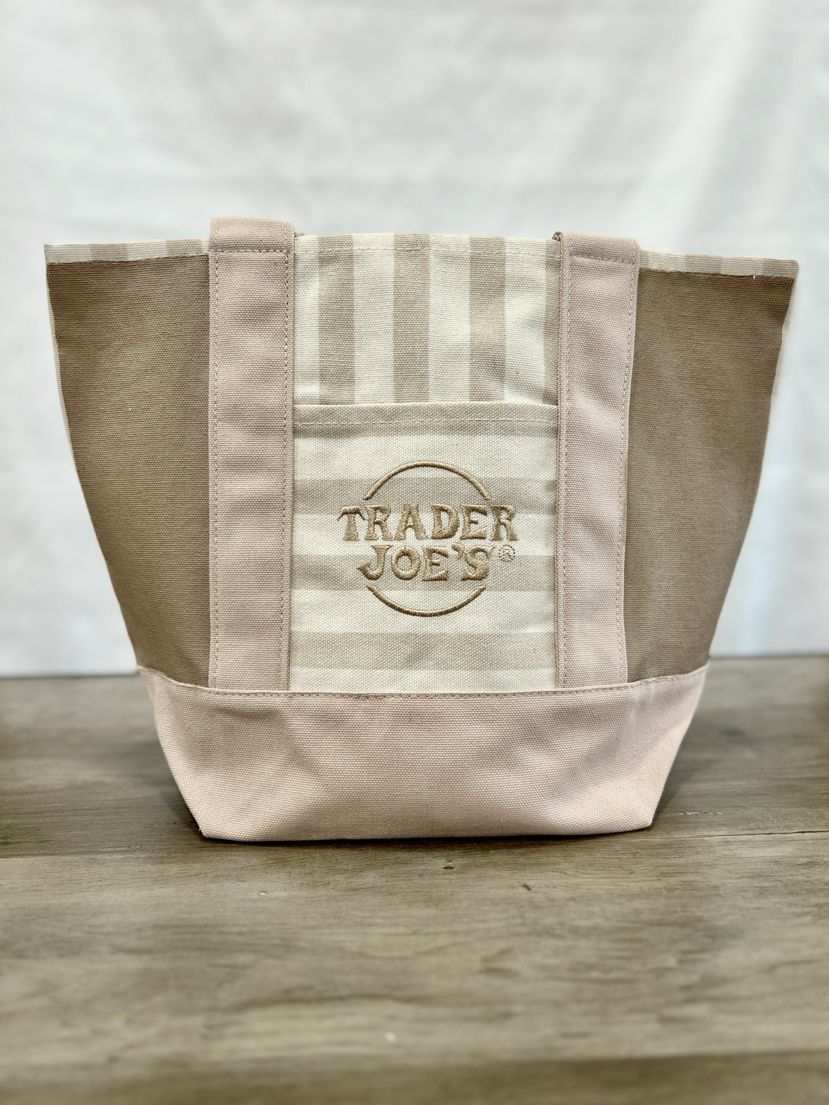Made To Order – Hand-Painted Trader Joe’s Striped Mini Beige Tote — Fall leaves