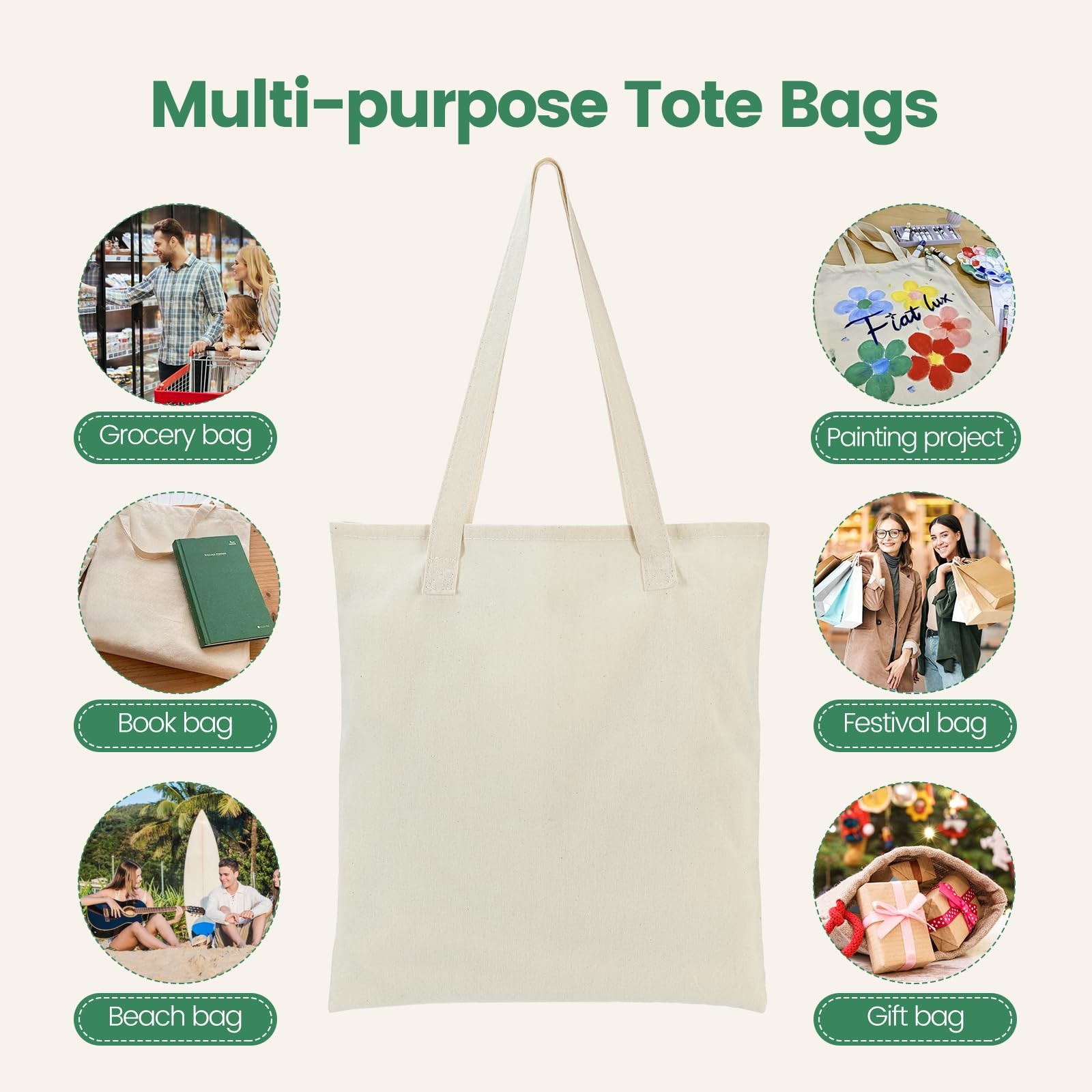 Canvas Tote Bag Lightweight Tote Shopping Reusable Grocery Bags for DIY Gift