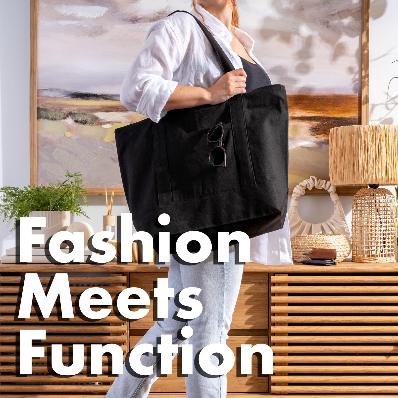 Carrywell (Not Made In China) Black Canvas Tote Bags with Zipper, 6-Pack, Hea…