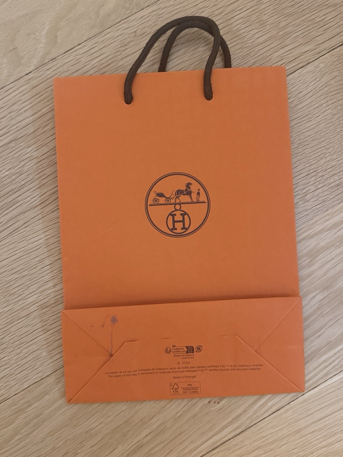Hermès Orange Solid Paper Reusable Shopping Bag Rope Handles Small 8.5×6.75×3