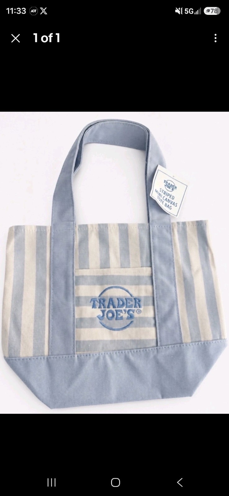 Trader Joe’s Striped Mini Canvas Tote Bag Blue/White Cotton Polyester Reusable