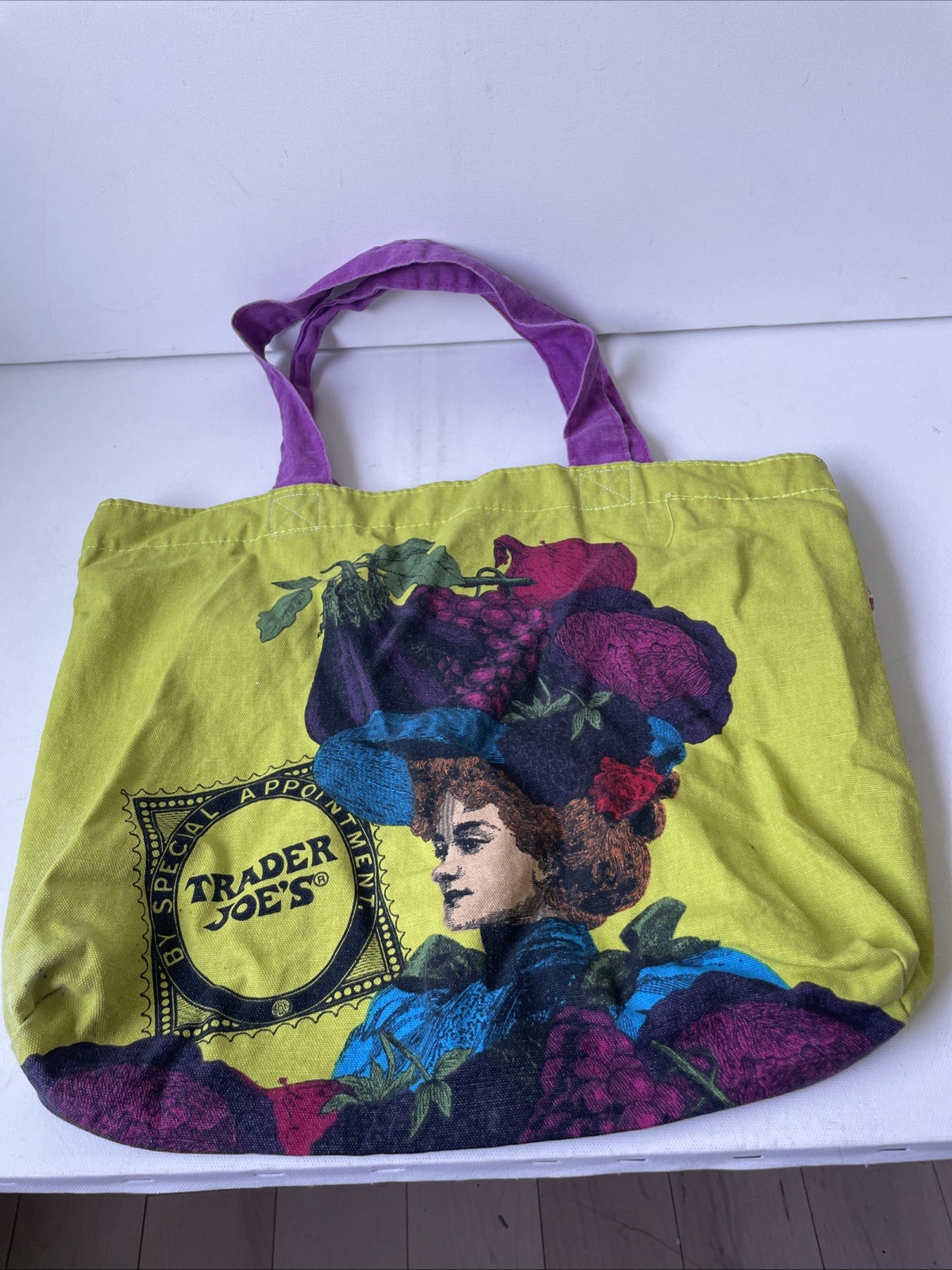 Vintage Trader Joes reusable canvas grocery bag Lady with Fruit 2 Sided Image