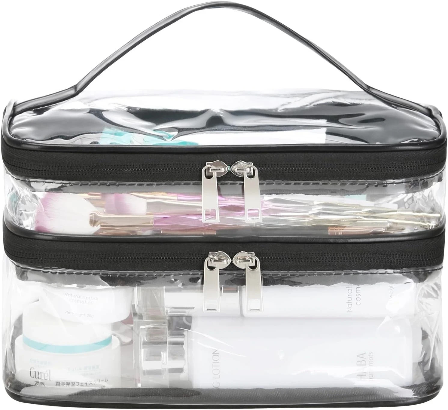 HAOGUAGUA Double Layer Clear Cosmetic Bag Makeup Bag, Waterproof Black-large